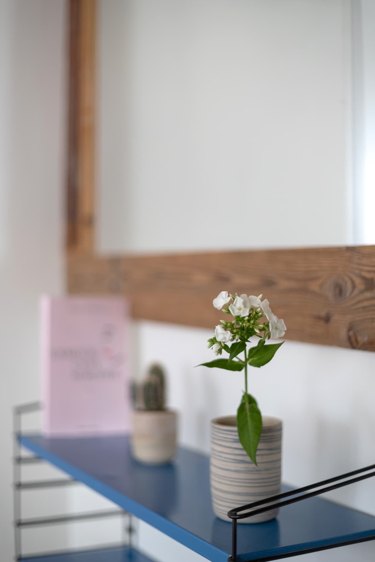 A white flower in a striped vase on a blue shelf at SoHome Le Châble
